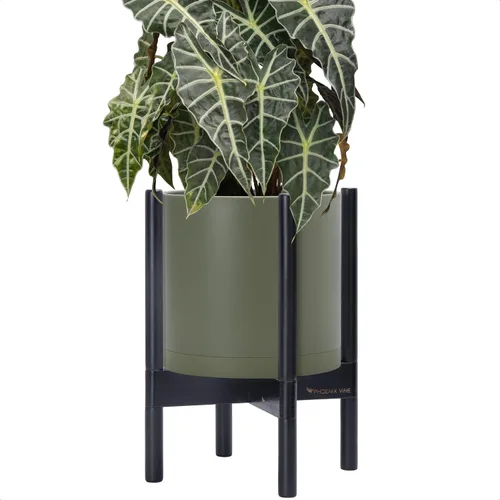Miniatura 35 de Maceta de D'vine Dev con soporte - Maceta de flores de cilindro de plástico de 8.0 pulgadas con soporte de madera para interiores, maceta mate negra