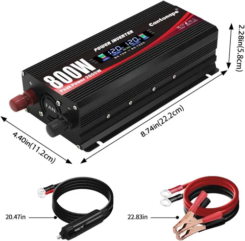 Miniatura 6 de Cantonape Inversor de corriente para automóvil de 800 W, CC 12 V a 110 V/120 V, convertidor de CA con pantalla LCD, salidas de CA duales y puerto