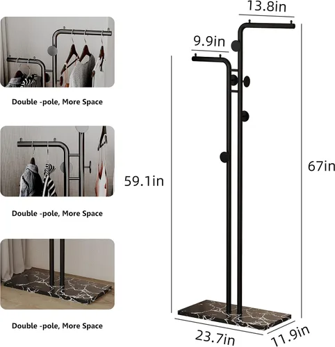 Miniatura 6 de HKaikzo Perchero de doble polo independiente, moderno perchero de metal con 5 ganchos y base de mármol natural, para dormitorio, oficina, pasillo