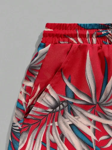 Miniatura 23 de GORGLITTER Conjunto de 2 piezas de camiseta gráfica de manga corta para hombre, estampado hawaiano con cordón y pantalones cortos
