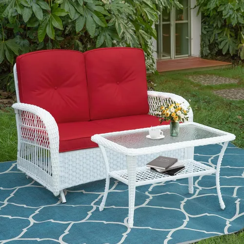 Miniatura 20 de MEETWARM Juego de 3 piezas de mimbre giratorio para patio al aire libre, mecedoras, juegos de muebles de patio de ratán con cojín grueso y mesa