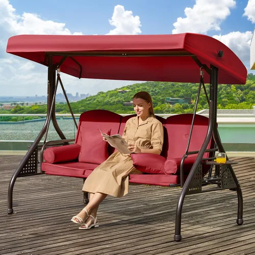 Miniatura 25 de Columpio de porche para exteriores 3 en 1 con toldo ajustable, columpio de 3 asientos para adultos, columpio de patio con cojines gruesos, almohadas