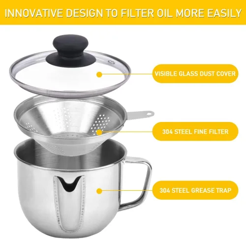 Miniatura 3 de Separador de grasa de acero inoxidable para 4 tazas/33.8 fl oz, separador de grasa con colador y tapa de vidrio, taza separadora de aceite de sopa