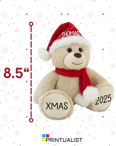 Miniatura 3 de Oso de Navidad Personalizado 2025 – Osito de Peluche Beige Personalizado de 8.5 pulgadas con Sombrero y Bufanda – Lindo Oso Navideño con Tu Nombre
