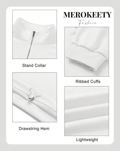 Miniatura 5 de MEROKEETY Sudadera corta con cremallera de un cuarto para mujer, manga larga, cuello alto, con cordón