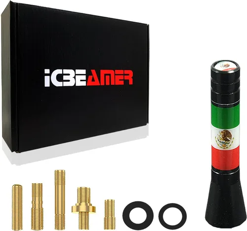 ICBEAMER - Antena automotriz de radio AM/FM hecha de aluminio de 2 pulgadas (51 mm), con la bandera de México y una bobina de cobre interna de