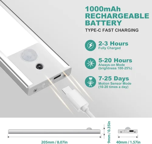 Miniatura 5 de Luces Bajo Gabinete con Sensor de Movimiento 3 Temperaturas de Color Luz LED para Closet, Luces Bajo Mostrador Recargables USB-C Luz Nocturna