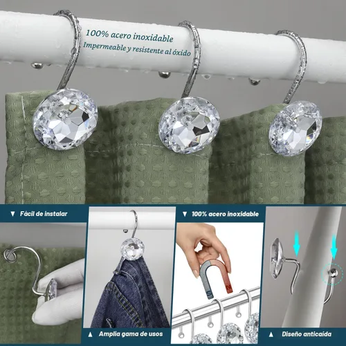 Miniatura 4 de 12 piezas de ganchos para cortina de ducha para baño, ganchos para cortinas de ducha de acero inoxidable resistentes al óxido con strass decorativos
