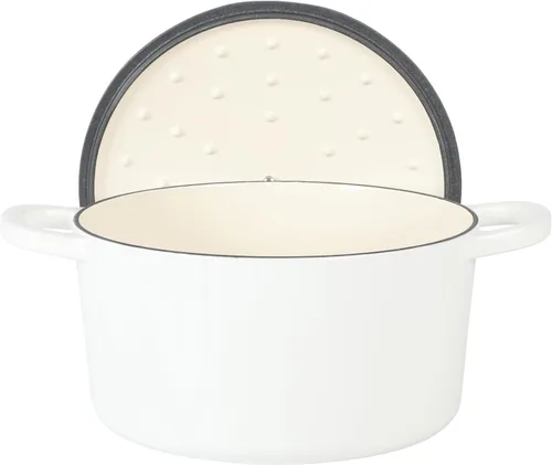 Miniatura 4 de Crock Pot Artisan - Olla holandesa redonda esmaltada europea de 6 cuartos de galón con tapa - Blanco lino mate con perilla dorada Blanco de lino
