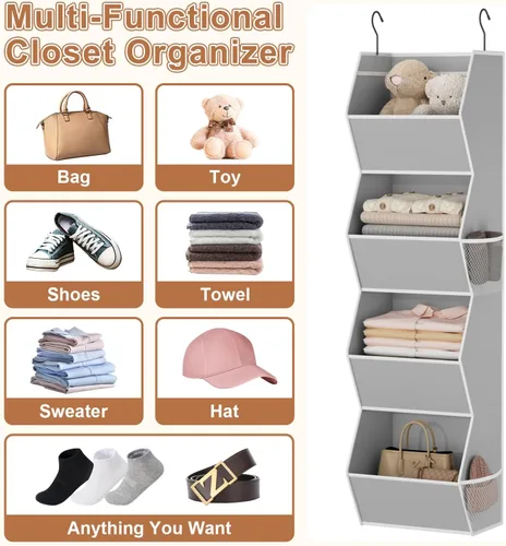 Miniatura 6 de Organizador colgante de armario de 4 estantes plegables para dormitorio, organizador de armario y almacenamiento colgante con bolsillos de malla