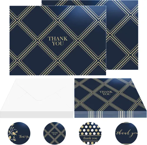 100 tarjetas de agradecimiento, azul marino geométrico con letras doradas, en blanco por dentro, con sobres, para negocio, boda, regalo, Navidad,