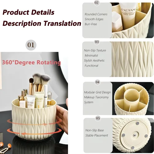 Miniatura 4 de Soporte giratorio para brochas de maquillaje, organizador giratorio de 5 ranuras de 360° para escritorio de tocador, bonito almacenamiento estético