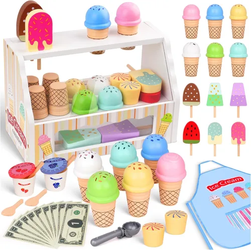 Juguete de helado de madera, juego de mostrador de helados para niños, accesorios de cocina de juego de simulación para niños pequeños con delantal