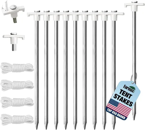 Eurmax USA - Estacas galvanizadas, no se oxidan, para tienda de campaña familiar, toldos de 28 cm, 10 unidades, con cuerdas de 1,2 m x 3 m y 1 tapón