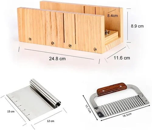 Miniatura 2 de Juego de herramientas de corte de jabón, molde de madera para cortar pan + 2 piezas de cortador de acero inoxidable recto ondulado A0065-2