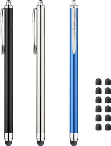 3 lápices capacitivos para pantallas táctiles [serie de punta de 0.24 pulgadas], 12 puntas de goma extra reemplazables (negro/plateado/azul oscuro)