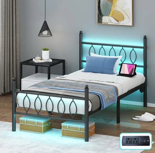 Miniatura 9 de Marco de Cama Tamaño Full con Cabecero, Marco de Cama Plataforma de Metal Negro Tamaño Full con Estación de Carga y Luces LED, Almacenamiento Bajo