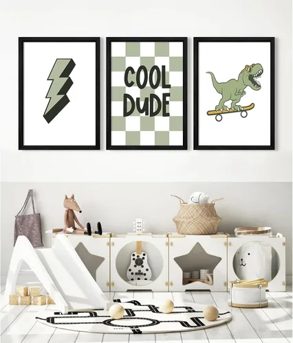Miniatura 4 de Arte de Pared de Dinosaurios para Guardería Juego de 3 Impresiones para Habitación de Niños Decoración de Pared de Lienzo para Niños Pequeños