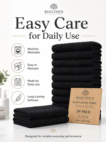 Miniatura 6 de BIOLINEN Juego de 24 toallas de algodón para salón de belleza, 15 x 25 pulgadas, ultra suaves, 100% algodón, toalla de mano, color blanco y negro