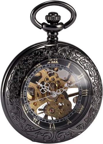 Miniatura 2 de Steampunk esqueleto mecánico de cobre Fob Retro reloj de bolsillo, Negro -, Mecánico
