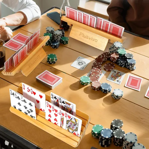 Miniatura 5 de plusvivo Portatarjetas para cartas con soporte ajustable, juego de 4, organizador de cartas para adultos, personas mayores, niños, 5 ranuras