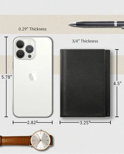 Miniatura 40 de Billetera de triple pliegue con RFID, cuero genuino, delgado, con ventana de identificación, bolsillo frontal, regalo para hombre