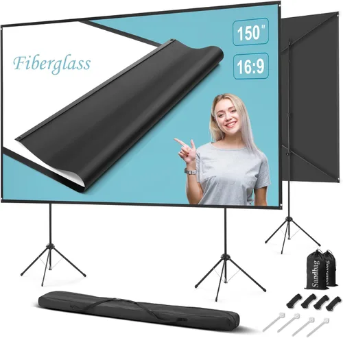 Pantalla de proyector para exteriores con soporte de 150 pulgadas 16:9, pantalla de proyector portátil, fibra de vidrio de alta ganancia 1.5,