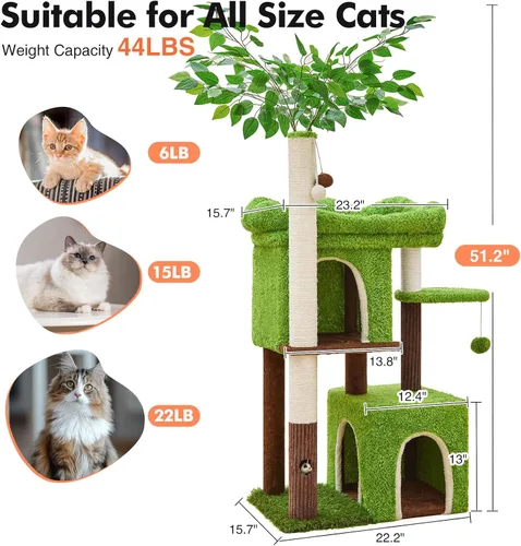 Miniatura 5 de Woochpet Árbol para gatos de 60 pulgadas con poste rascador para gatos en forma de árbol con 2 casas grandes para gatos y cama de percha superior