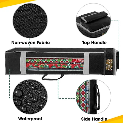 Miniatura 3 de ProPik Bolsa organizadora de almacenamiento de papel de regalo navideño con bolsillo y asas, incluyendo lazo para colgar, material resistente