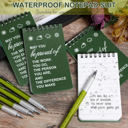 Miniatura 5 de Cuaderno impermeable de 24 piezas con juego de bolígrafos multiherramienta que incluye 3 x 5 bloc de notas de bolsillo en espiral superior y Verde