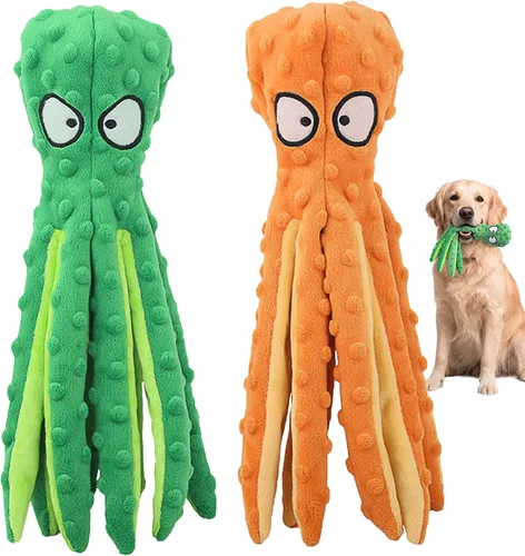 Miniatura 10 de HGB Juguetes chirriantes para perros, paquete de 2 juguetes para masticar sin relleno, pulpo arrugado para cachorros, perros pequeños, medianos