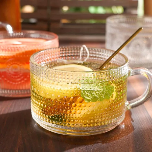 Miniatura 4 de Juego de 4 tazas de café de vidrio vintage, tazas de café de vidrio en relieve de 14 onzas para cereales, yogur, latte, tazas de desayuno