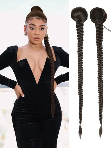 Miniatura 9 de WIGER Cola de caballo trenzada de 34 pulgadas para mujeres negras, colas de caballo largas con cordón para bricolaje, Yaki liso negro y blanco