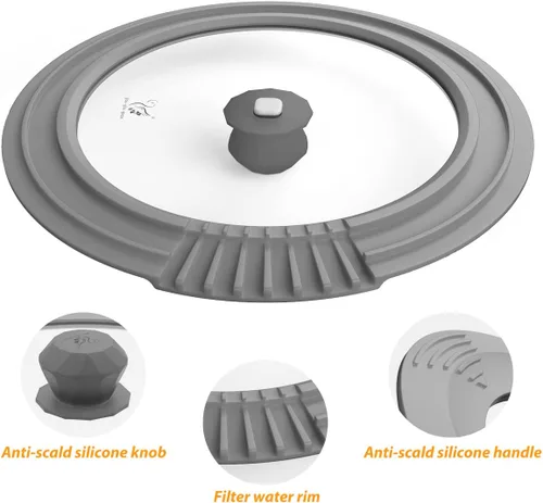 Miniatura 6 de Tapa de filtro templado para ollas de sopa de pasta, tapa universal con borde de silicona resistente al calor, 10-12 pulgadas, color gris claro