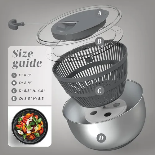Miniatura 7 de COOK WITH COLOR Lavadora de lechugas y secadora de verduras para una fácil preparación de ensaladas, base antideslizante con mango de tracción, Gris