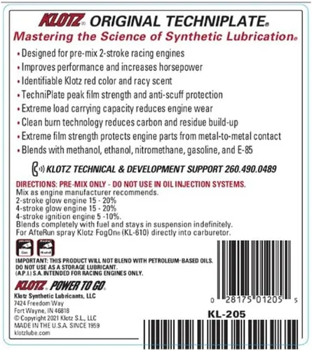 Miniatura 3 de Aceite sintético premezclado Klotz Original TechniPlate para motores de 2 tiempos – 1 galón KL-205