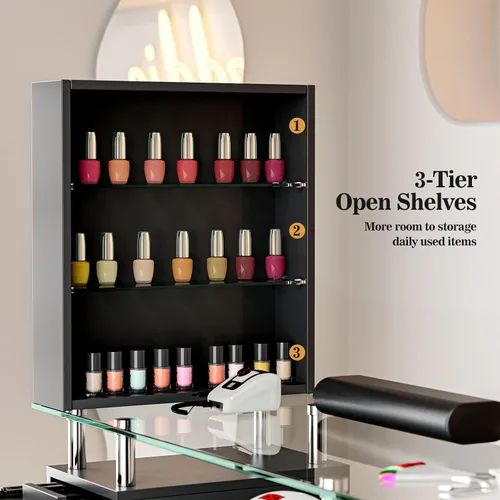 Miniatura 6 de Mesa de manicura con parte superior de vidrio para tecnología de uñas, estación de escritorio resistente a acetona con cajones de almacenamiento