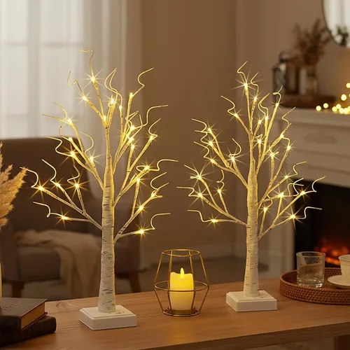 Miniatura 5 de Paquete de 2 árboles iluminados para decoración de interiores con temporizador, 24 LED 2 pies árbol de abedul blanco iluminado lámpara de mesa