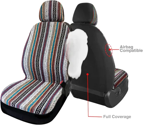 Miniatura 9 de Funda de Asiento de Coche Manta Baja Saddle 4PCS Delantera a Rayas Multicolor, Funda de Asiento Hippie Boho de Ajuste Universal para Toyota, Honda
