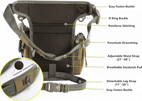 Miniatura 6 de Jueachy Bolsa de pierna caída para hombre, mochila táctica de detección de metales para muslos con bolsa para botella de agua Canela
