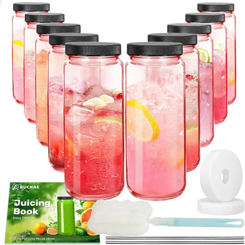 Miniatura 9 de Ruckae Paquete de 10 botellas de jugo de 16 onzas, botellas de vidrio con tapas, tapas de taza de batido y pajitas, botella de agua, vasos