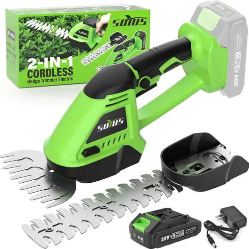 SOYUS Cortasetos inalámbrico, 2 en 1 Cortasetos de mano, Tijeras eléctricas para césped y recortadora de arbustos de 20V, Cortador de césped a