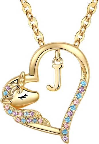 Miniatura 18 de Anoup Collar con inicial de unicornio, chapado en oro de 14 quilates, hipoalergénico con circonita cúbica, colgante de diamante simulado, joyería