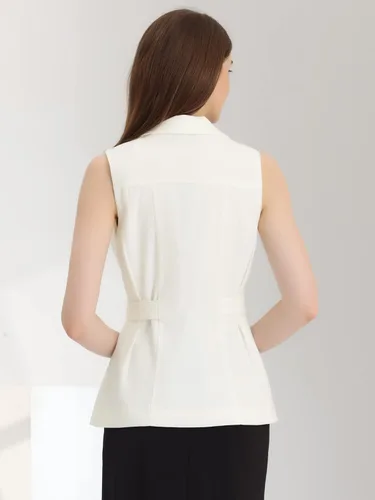 Miniatura 3 de Allegra K Blazer sin mangas para mujer, con cuello de solapa, chaleco de vestir plisado de un solo botonadura