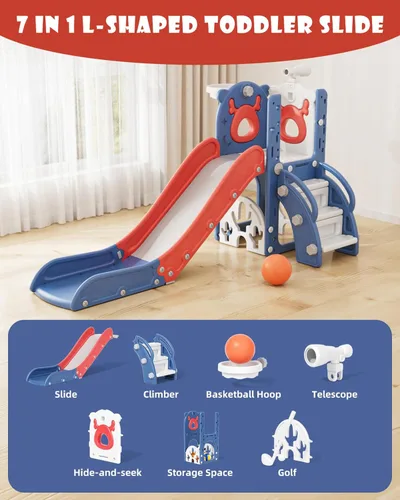 Miniatura 2 de XJD Tobogán 7 en 1 para niños pequeños de 12 a 36 meses, nueva actualización con golf, aro de baloncesto para juegos en interiores y exteriores
