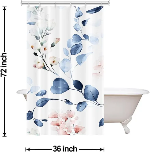 Miniatura 7 de Cortina de ducha pequeña de eucalipto azul acuarela, juego de cortinas de ducha pequeñas impermeables con diseño floral de primavera con ganchos, 36