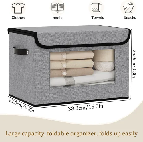 Miniatura 5 de Cesta de almacenamiento de tela con tapa, organizador decorativo de lino para armario, caja de almacenamiento de 15 x 9.8 x 9.8 pulgadas con asas