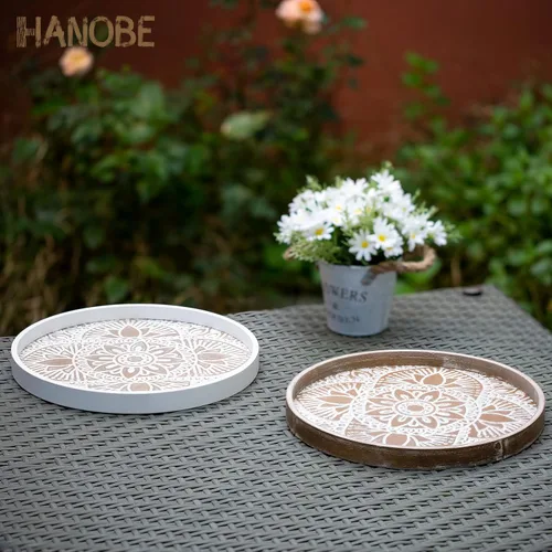 Miniatura 7 de Hanobe Bandeja decorativa redonda para mesa: bandejas de mesa de café boho para decoración del hogar – Medio siglo Farmhouse Circle Wood Serving