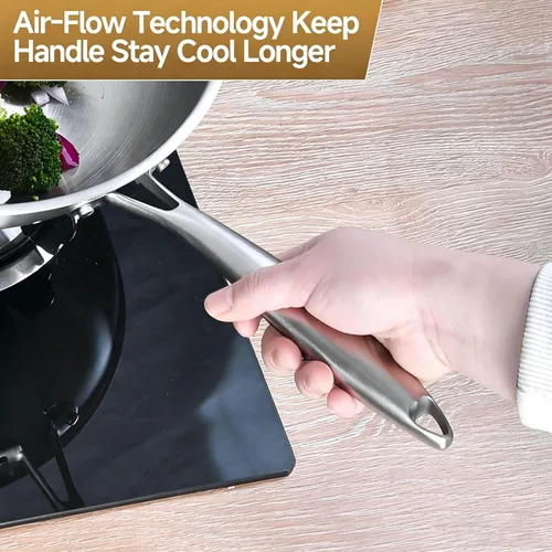 Miniatura 5 de LOLYKITCH Sartén Wok de Acero Inoxidable de Tres Capas de 14.5 Pulgadas, Sartén para Saltear, Sartén de Cocina de Chef por Inducción, Apta
