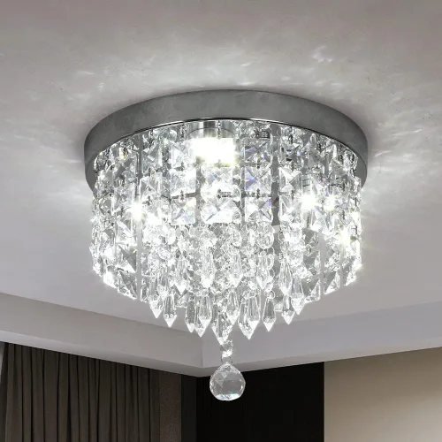 Miniatura 5 de Deckrico Candelabro de cristal moderno LED para techo, montaje empotrado, de acero inoxidable, pantalla de luz con cuentas para dormitorio, comedor